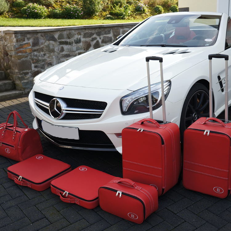 inspiration bagageväskor rött läder vit söm mercedes